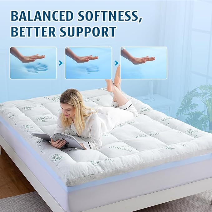 DOWNCOOL Dual Layer 4 Inch Memory Foam Mattress Topper Twin – 2 Inch Gel Memory Foam & 2 Inch Pillow Top Mattress Pad, Soft & Breathable Viscose Made from Bamboo, for Back Pain Relief