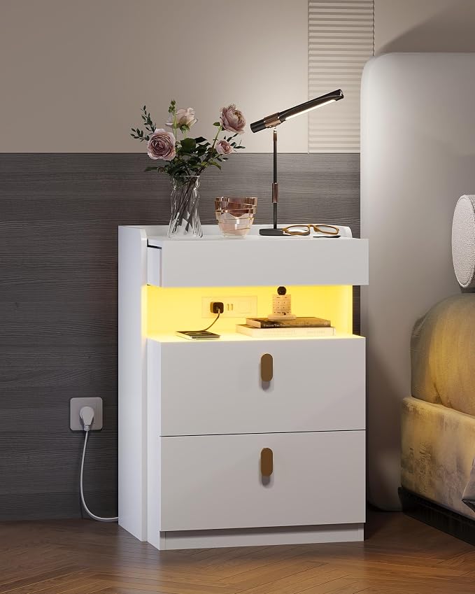 WLIVE White Nighstand with Charging Station and LED Lights, Night Stand with Sliding Top, Modern Bedside Table with 2 Drawers, End Tables for Bedroom, Living Room, White - Image 3