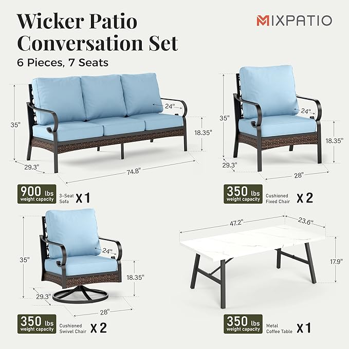 Patio Furniture Set with Coffee Table, Outdoor Conversation Set with 2 x Fixed Chairs, 2 x Swivel Chairs, 1 x 3-Seat Sofa for Lawn Garden Backyard, Blue