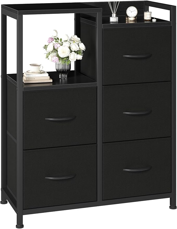DUMOS TV Stands for Bedroom with 5 Drawers, 5-Drawer Chest of Drawers with Raised Shelf, Storage Tower with Fabric Bins for Closet Organization, Hallway Storage, Ink by DumosLifestyle