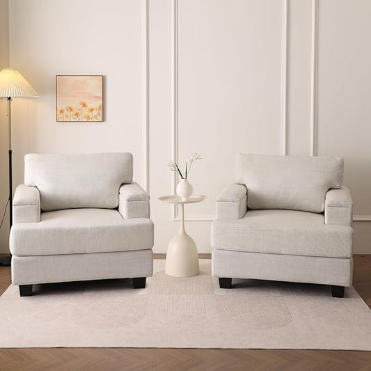 Oversized Living Room Chairs Set of 2,Comfy Accent Chair with Armrest Organizer,Upholstered Linen Fabric Armchair Thick Cushion,Big Reading Chair,Sofa Chair for Bedroom