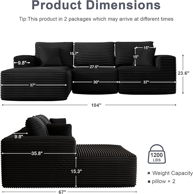 104" Modular Sectional Sofa with L-Shape Chaise, Modern Upholstered Cloud Couches for Living Room Bedroom, No Assembly Required, Black