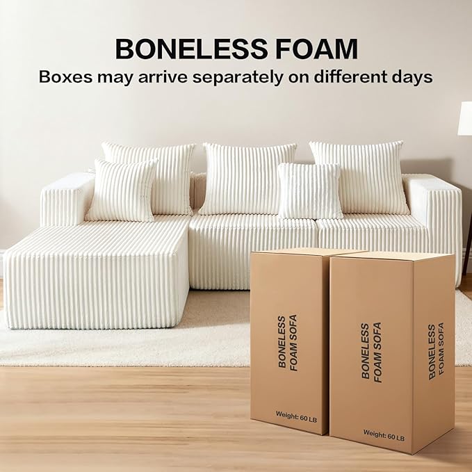 101 Inch Cloud Sectional Couch, Boneless Sofa for Living Room, Corduroy Modular Couch with L Shape Chaise, Modern Compressed Sofa in a Box, Memory Foam Filling (Beige)
