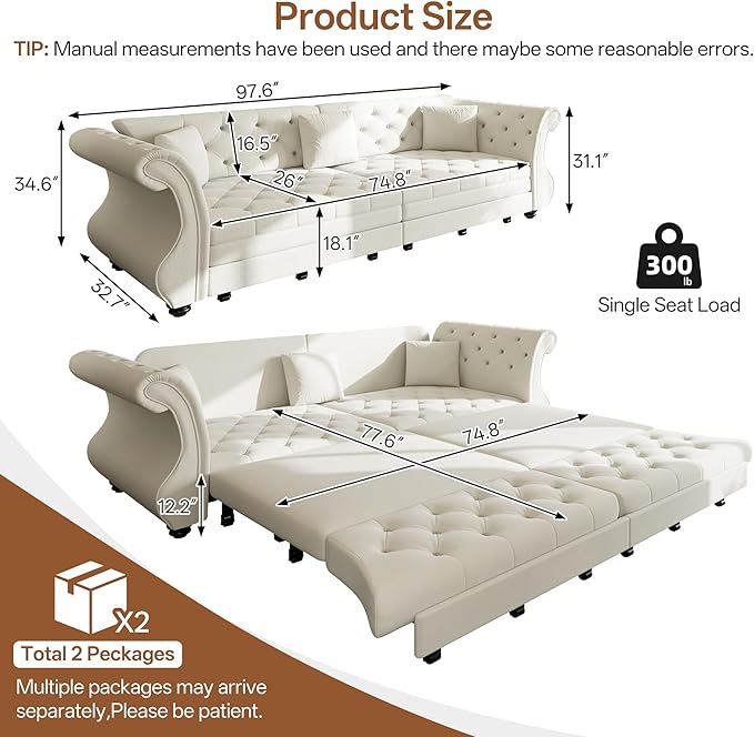 Eafurn Oversized 4-Seater Chesterfield Loveseat Convertible King Size Sleeper Couch Bed,Classic Tufted Velvet Pull Out Loveseat Sofa Bed with Roll Armrest and Solid Wood Legs