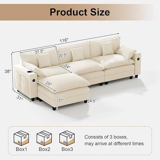 116" Modular Sectional Sofa, L Shaped Cloud Couch with Movable Ottoman, Chenille Deep Seat Cloud Sofa with Charging Station, Cup Holder, Side Pocket, Sectional Couches for Living Room, Beige