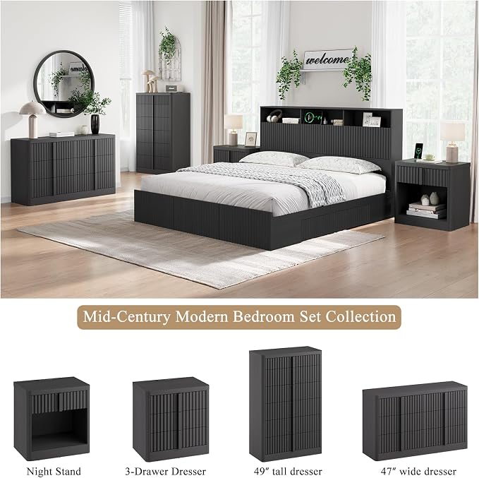 Fluted Dresser for Bedroom, 47" Wide 6 Drawer Dresser, Modern Chest of Drawers with Solid Wood Handle, Curved Profile Design, Wood Dressers Storage Organizer, Living Room, Hallway, Black - Image 4