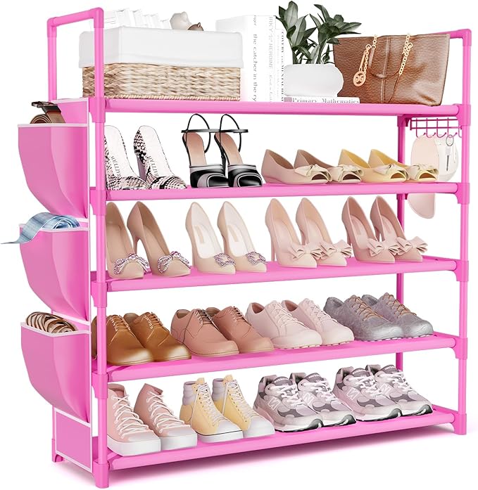 VILICK Shoe Rack for Closet Shoe Organizer Space Saver Storage for 20-25 Pair Shoe Shelf with Hook and Side Pocket Free Standing 5 Tier Shoe Rack Organizer for Entryway,Small Spaces, Pink by VILICK