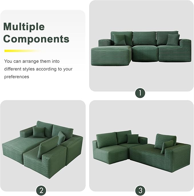 104" Modular Sectional Sofa with L-Shape Chaise, Modern Upholstered Cloud Couches for Living Room Bedroom, No Assembly Required, Green