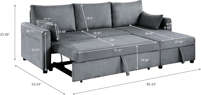 Queen Sleeper Sofa, Convertible Sofa Bed with Storage, 85 Inch Sectional Couch with Pull Out Bed, L Shaped 3 Seat Sectional Sleeper Sofa for Living Room, Apartment, Grey