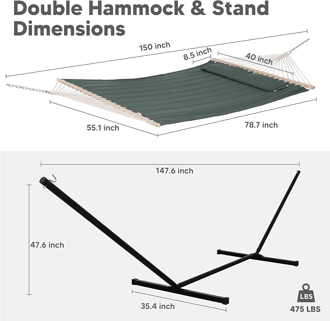 SUNCREAT Hammocks Extra Large Double Hammock with 12 ft Stand, 475lbs Capacity, Outdoor Portable Hammock with Hardwood Spreader Bar, Extra Large Pillow, Gray Green - Image 4