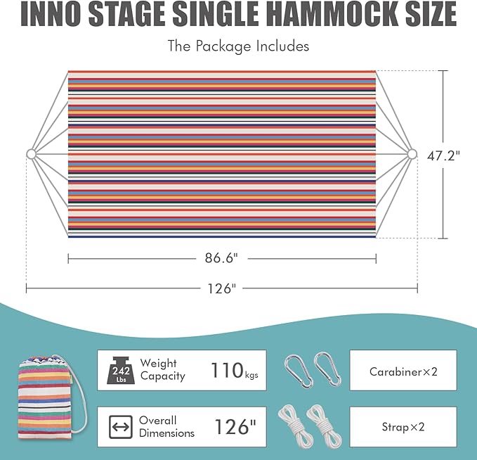 INNO STAGE Brazilian Hammock with Tree Straps - Cotton Hammocks Portable Hammock with Carry Bag for Backyard, Porch, Outdoor and Indoor Use Mixcolor - Image 2