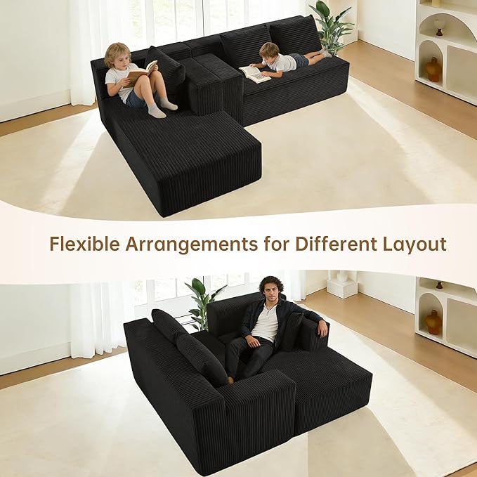103" Boneless Corduroy Sectional Couch with Left Chaise, Modular L Shaped Black Couches for Living Room, Large Minimalist Modern Deep Seat Floor Sofa Set, No Assembly