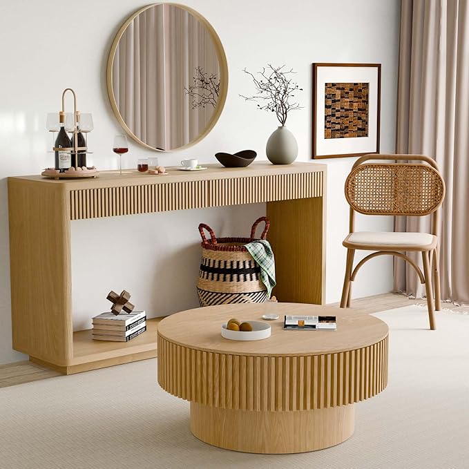 Round Coffee Table with Storage, Modern Wooden Coffee Table with Solid Wood Veneered, Circle Center Table Accent Tea Table for Living Room Apartment Small Space (31.5''L × 31.5''W × 14''H, Natural)