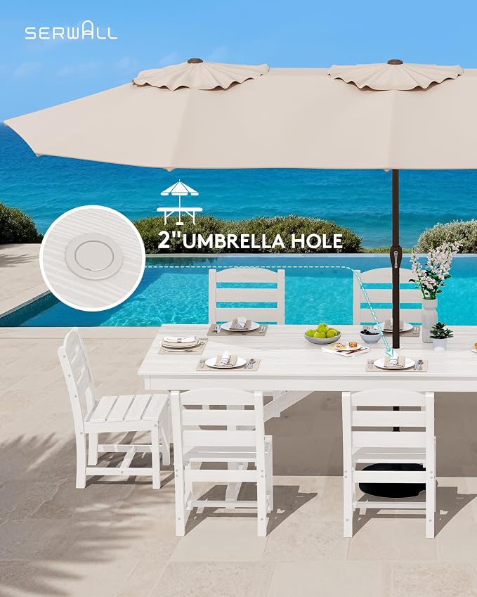 SERWALL 9 Piece Outdoor Dining Set, 84" HDPE Outdoor Table and Armless Chairs Set for 8，All Weather Patio Furniture Set with Umbrella Hole for Backyard, Garden, White - Image 5