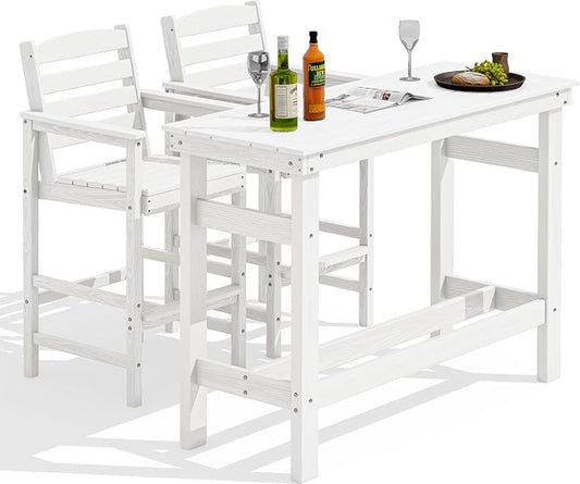 SERWALL Outdoor Bar Set - 2 Adirondack Bar Chairs & Bar Height Table with 1.6" Umbrella Hole, All-Weather HDPE Patio Furniture for Poolside, Backyard, Garden - White by SERWALL