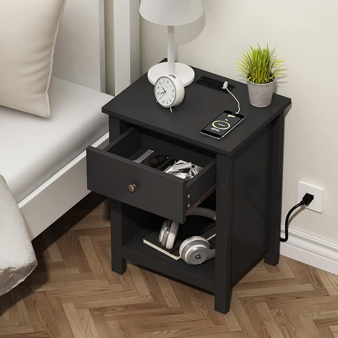 ChooChoo Black Nightstand Set of 2,Night Stand with Charging Station, Wooden Top Bedside End Table with Drawer and Storage Space for Bedroom - Image 4