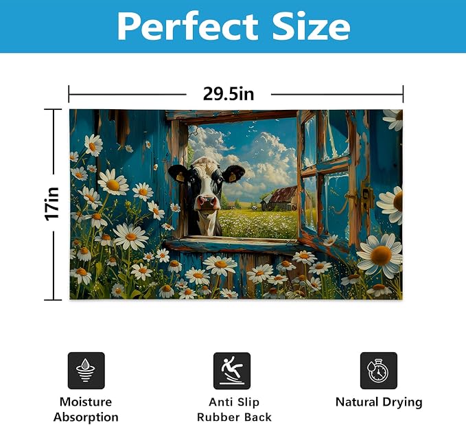 Cow Peeking from Window Indoor Door Mat Gifts, Floor Area Rug for Entryway, Living Room or Bathroom, Non-Slip Rustic Barn Scene Doormat Home Decor Rug 17x29.5 Inch - Image 2