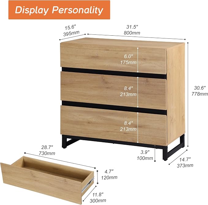 WAMPAT Nightstand with 3 Drawers for Bedroom, Modern Bedside Table with Black Square Metal Leg, Wood Rustic Side End Table, Oak, 2 Pcs - Image 3