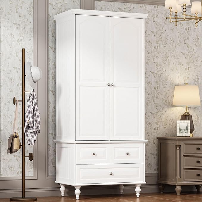 MOUMON 2 Door Armoire Wardrobe Closet with 3 Drawers, Vintage Wardrobe Cabinet with Hanging Rod, Bedroom Armoire Closet with Shelves, for Bedroom, White, 19.7”D x 31.5”W x 70.9”H