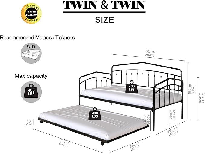 GDFStudio Twin Daybed with Trundle,Metal Sofa Bed Set,Rollaway Daybed Couch Bed Frame for Bedroom Living Room Guest Room Black