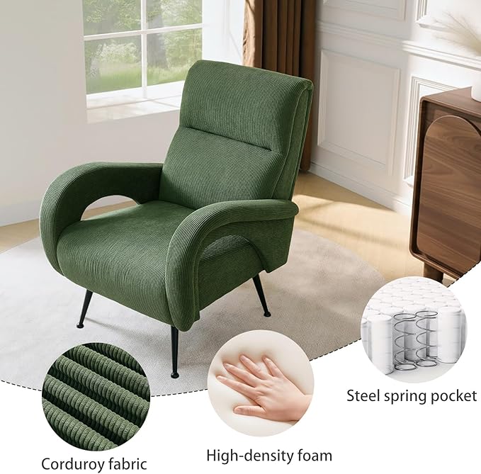 Corduroy Living Room Accent Chairs, High Back Reading Chairs for Bedroom, Modern Comfy Upholstered Armchairs for Bedroom, Reading Nook, Apartment, Forest Green