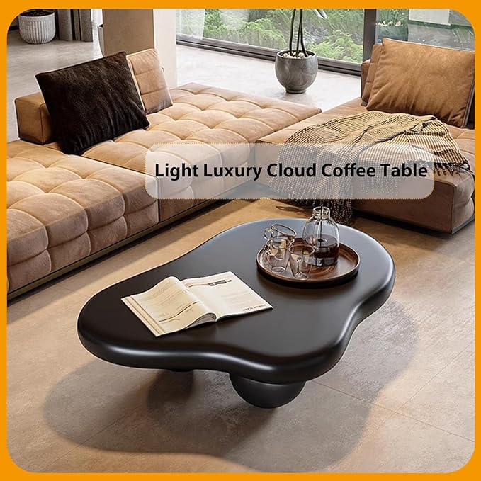 Modern Wooden Coffee Table Cloud Coffee Table Cute Central Living Room Low Table Irregular Indoor End Table Black Coffee Tables with 3 Ball Legs for Living Room Bedroom (Black Round Leg B 47.2 inch)
