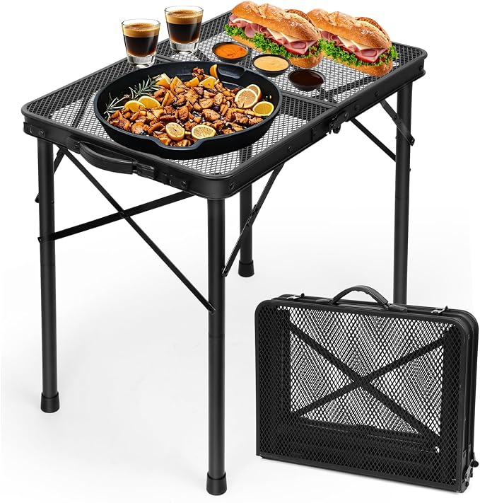 2Ft Small Folding Table with Carry Handle, Camping Table Adjustable Height 10.6–22 in, Black Metal Mesh, Portable & Compact for Outdoor/Indoor,Grill Table, 23.6×15.8 in, 4 lb, 66 lb Capacity - Image 9