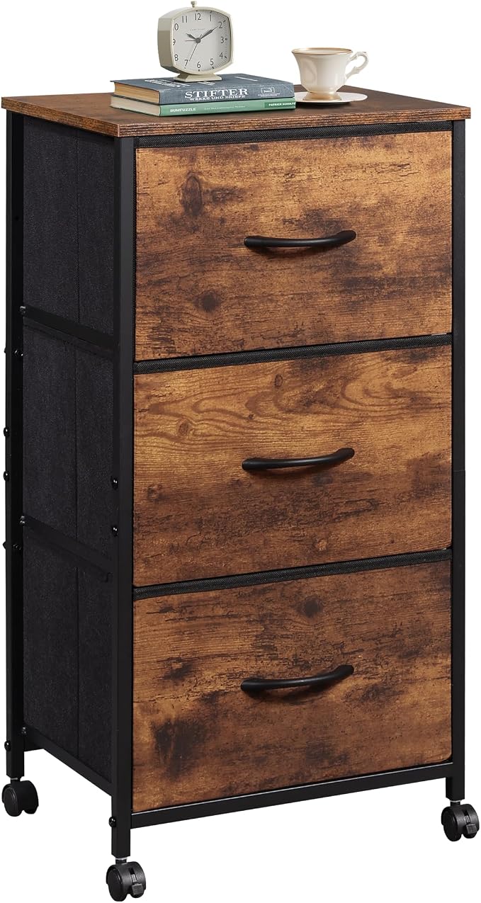 WLIVE Dresser with 3 Drawers, Fabric Nightstand, Cabinet with Wheels, Organizer Storage Dresser for Bedroom, Office, Closets, Sturdy Steel Frame, Easy Pull Handle, Rustic Brown Wood Grain Print by WLIVE