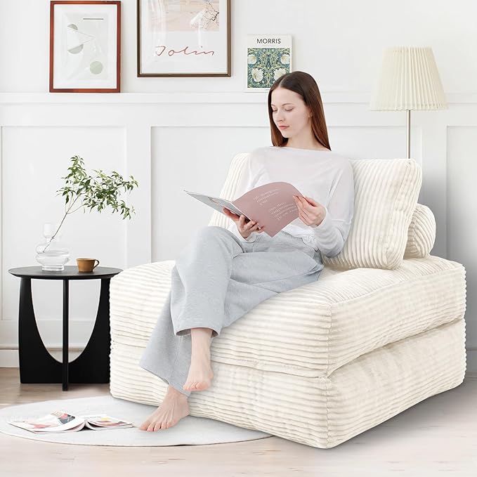 Folding Sofa Bed, Convertible Sleeper Chair with Pillow & Handle, Foldable Mattress Futon Chair Bed Lounge with Back Support, Comfy Floor Sofa for Living Room Bedroom, Beige, Single