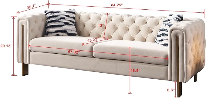 KEIKI 84" Chesterfield Velvet Tufted Button Sofa with Removable Cushions and 2 Toss Pillows, Modern 3-Seater Couch with 4 Gold Metal Leg, Easy Assembly, for Living Room, Bedroom, Apartment, Cream