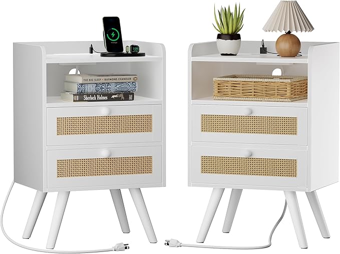 SUPERJARE 2 Drawer Night Stand with Charger Station, Boho Rattan Nightstand Set of 2, 25.2 Inch Tall Bed Side Table with Solid Wood Feet, End Table, Open Storage, Synthetic Rattan, for Dorm, White by SUPERJARE