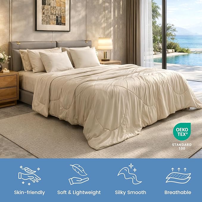Cozy Bliss Cooling Comforter Twin Size, Cooling Blankets for Hot Sleepers and Night Sweats, Khaki Summer Comforter for Twin Size Bed, Breathable Soft Lightweight Silk Smooth