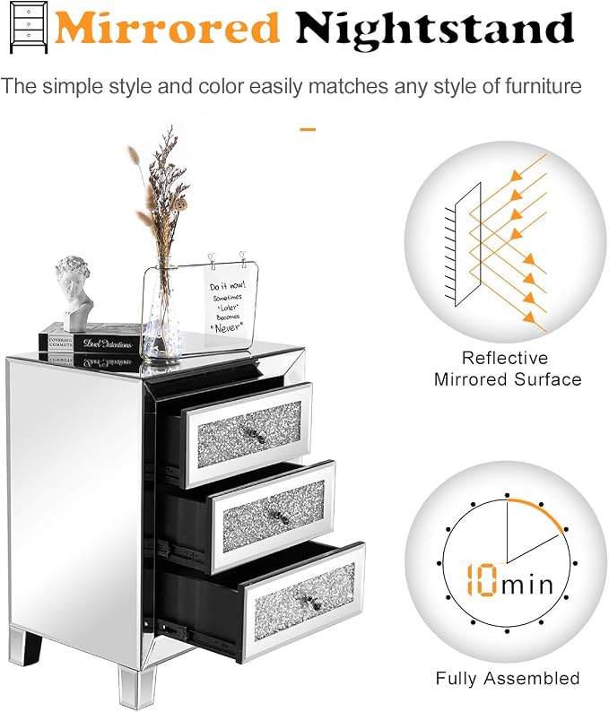 VINGLI Mirrored Nightstand with 3 Drawers Modern End Table Bed Side Table with Mirrored Finish, 17.72-inch W x 13.78-inch D x 23.62-inch H, Silver - Image 4