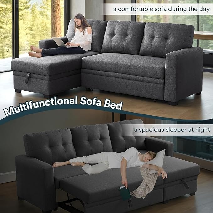 L Shaped Couch, 4 in 1 Pull Out Sofa Bed Sleeper, Sectional Sofa with Storage Convertible, Sofa Bed 82in Chaise Lounge for Living Room Apartment Dorm