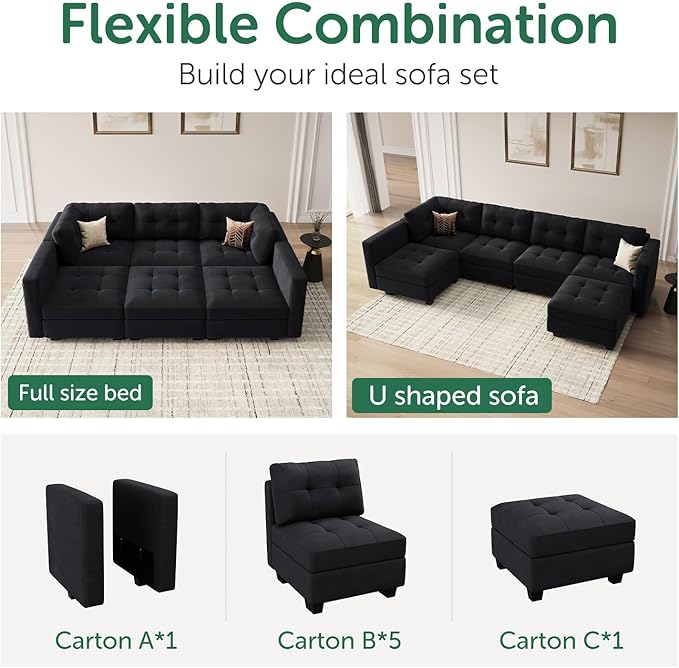 HONBAY Sectional Couch with Storage, Modular Sectional Sofa, Velvet Couches for Living Room, Mid Black