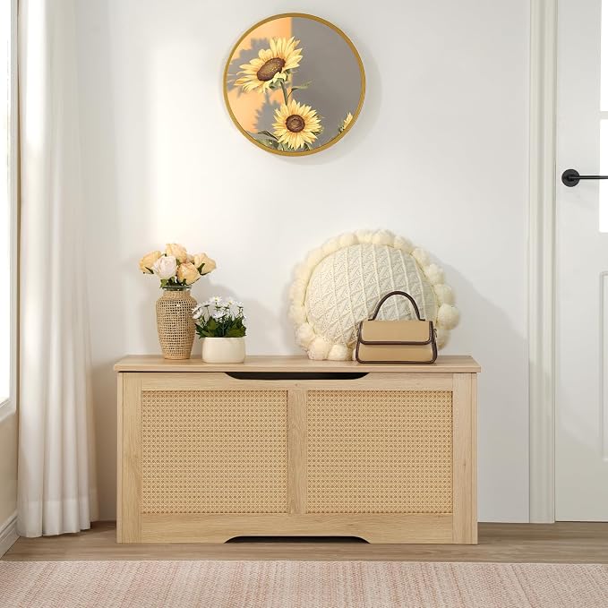 HOOBRO Storage Bench, 39.3" Toy Box, Rattan-Like Storage Chest, Sturdy Entryway Bench Supports 220 lb, Toy Chest, Safety Hinge, U-Shaped Opening, Easy Assembly, Natural NL11CW01 - Image 6