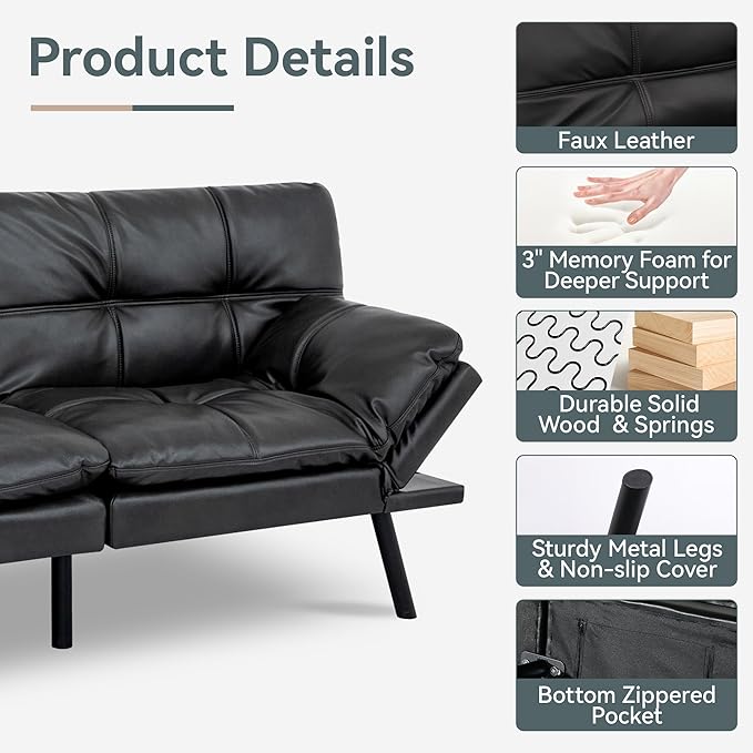 Futon Sofa Bed Convertible Couch, Black Faux Leather Sofa Bed with Memory Foam, Adjustable Backrest & Armrests, Multifunctional Small Loveseat Sleeper Sofa for Living Room, Apartment, Office