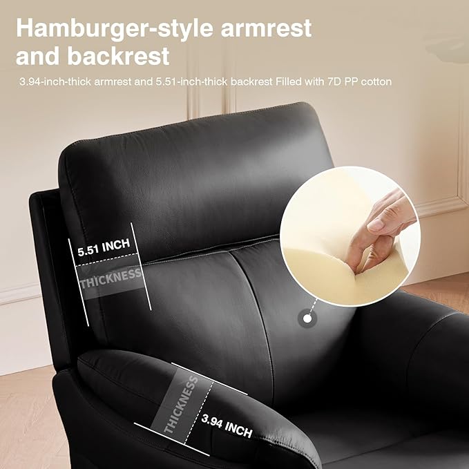 AIRSKY Genuine Leather Recliner Chair, Top Grain Leather, Italian Water-Washing Process, Reclining Sofa Chair for Reading, Single Sofas for Living Room, Theater Seating, Bedroom. Black,R1