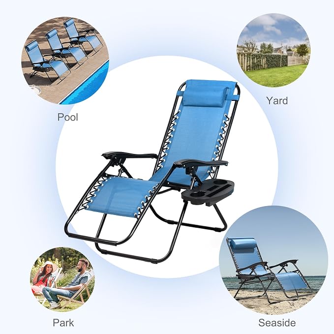 Nazhura Set of 2 Relaxing Recliners Patio Chairs Adjustable Steel Mesh Zero Gravity Lounge Chair Beach Chairs with Pillow and Cup Holder (Sky Blue) - Image 8