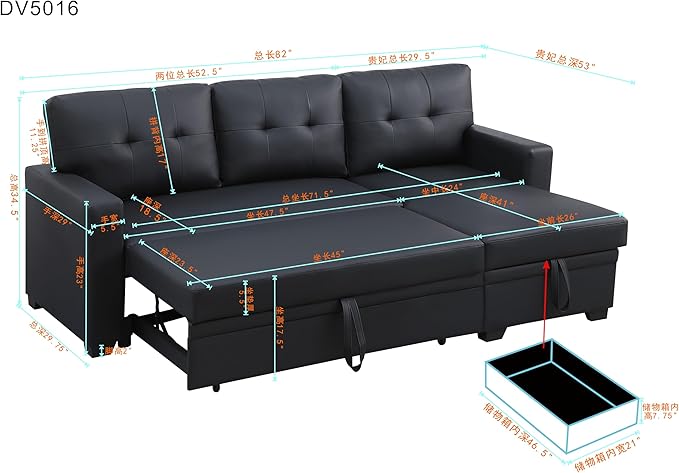 ERYE 82-inch Pull Out Sleeper Couch Bed, L-Shaped Reversible Sleeper Sectional Sofa Faux Leather Tufted Upholstered Corner Convertible Sofa Bed with Storage Chaise