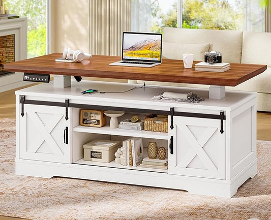 SEDETA 47.2" Farmhouse Smart Lift Top Coffee Table, Rectangle Coffee Table with Storage and Barn Door, Height Adjustable Coffee Table with Power Outlet for Living Room (White)