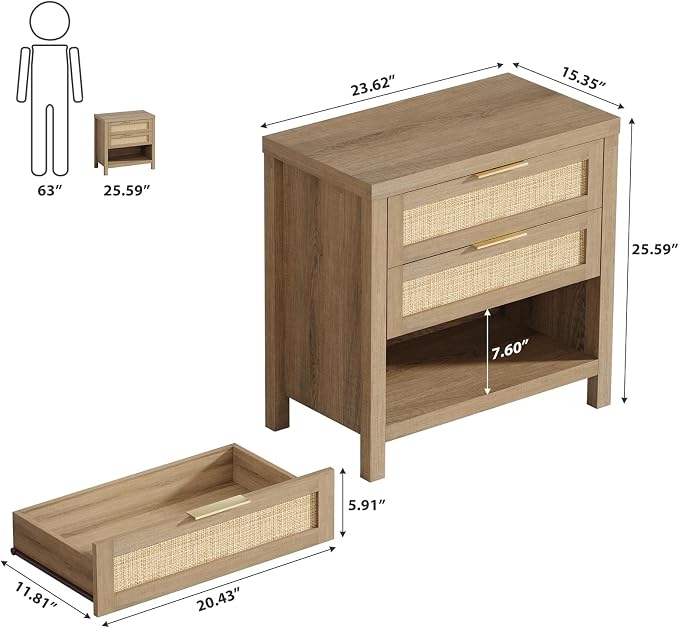 Eclatara Rattan Nightstands Set of 2, Farmhouse Bedside Table with 2 Drawers and Storage Shelf, Rattan Boho Accent Night Stands for Bedroom Large Space Sofa (2, Reclaimed Caramel Oak) - Image 2