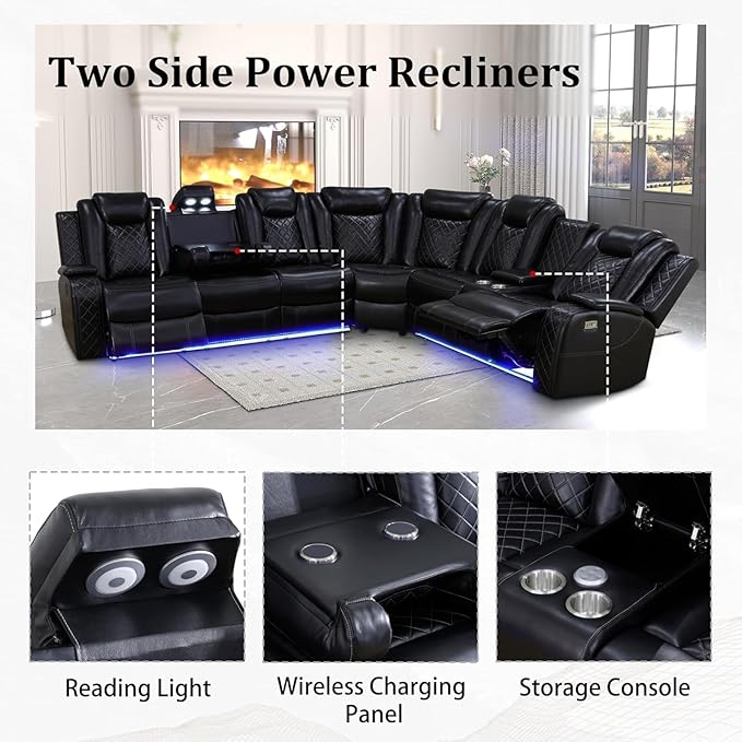 Power Recliner Living Room Set with LED, Breathing Leather Reclining Sectional Sofa Couches for Home Theater with Cup Holder, Storage Consloe, USB Charge
