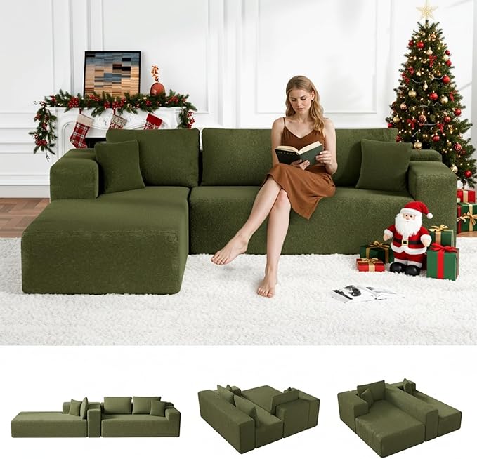 Cloud Sectional Couch, 105" Modular Sectional Sofa with Right Chaise Lounge, Modern Modular L-Shape Sofa with Pillows & Deep Seat, Wool Fabric Boneless Couches for Living Room Bedroom, Green
