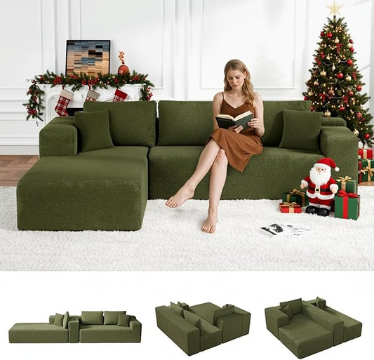 Cloud Sectional Couch, 105" Modular Sectional Sofa with Right Chaise Lounge, Modern Modular L-Shape Sofa with Pillows & Deep Seat, Wool Fabric Boneless Couches for Living Room Bedroom, Green