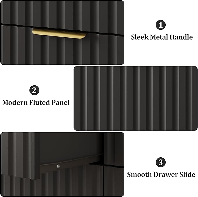 8 Drawer Dresser and Nightstand Sets for Bedroom, Modern Fluted 3 Pcs Bedroom Dresser Furniture Sets, Wood Chest of Drawers and Nightstand Set of 2 with Metal Handles, Black