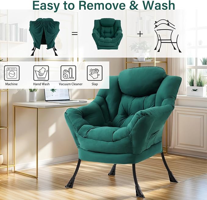 Furlide Lazy Chair for Living Room, Modern Accent Chairs with Armrests, Dark Green Armchairs with Side Pocket, Cozy Lazy Sofa for Reading, Balcony, Bedroom, Dorm, Small Spaces