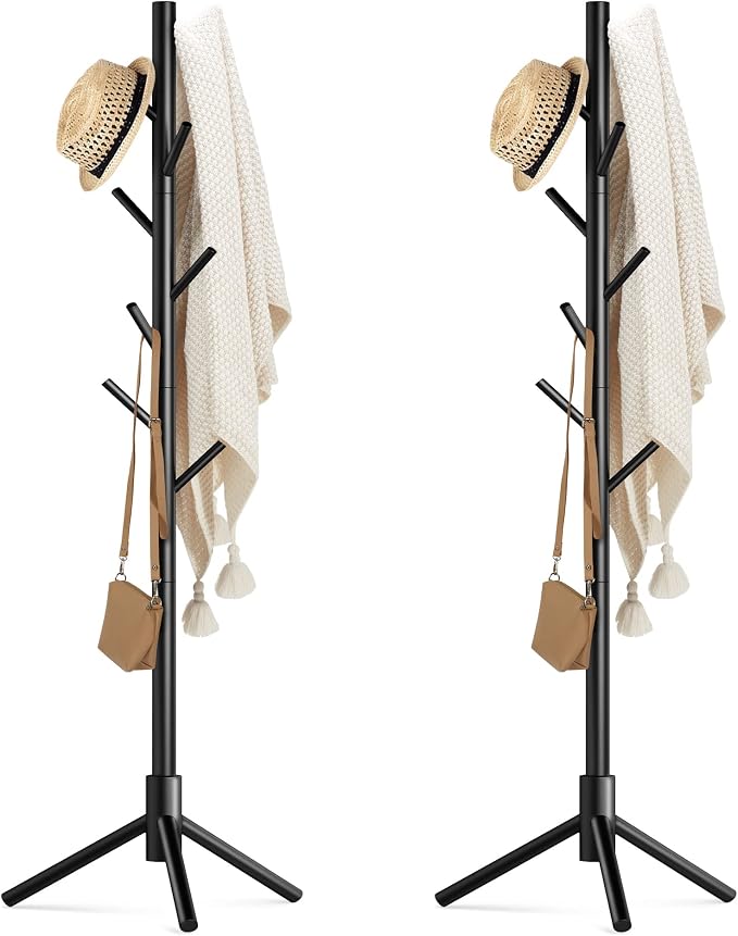 Haddockway Wooden Coat Rack Stand with 8 Hooks New Zealand Pine 3 Adjustable Coat Standing Tree Easy Assembly for Coats, Hats, Scarves and Handbags for Entryway, Hallway, Bedroom, Office,2 PCS by Haddockway