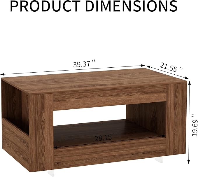 39" Wood Coffee Table for Living Room, Sides Storage with Transparent Legs, Minimalist Farmhouse 2-Tier Storage Shelf Center Table for Home Office, Apartment, Walnut