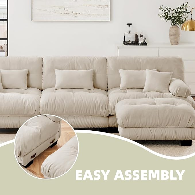 133.8" L-Shaped Cloud Couch, Oversized Modular Sectional Sofa, Deep Seat Cloud Boneless Couch, 3-Seat Modular Sectional Sofa with Ottoman or Living Room,Bedroom and Apartment, Light Coffee